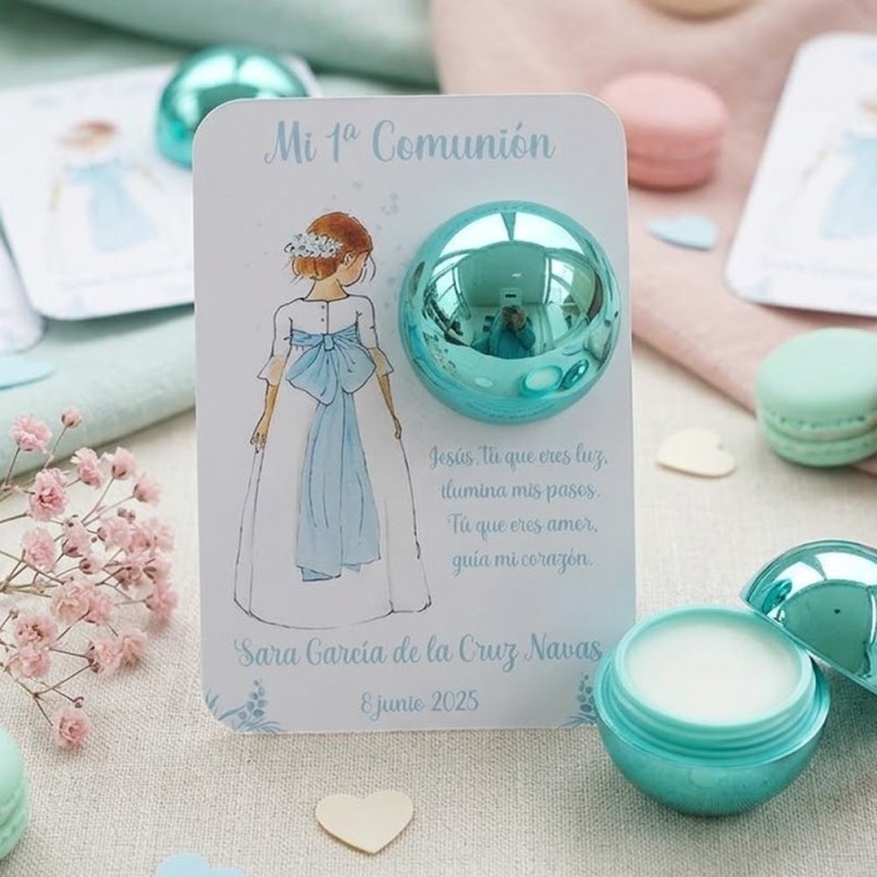 Bálsamo Labial Niña Comunión Espalda Lazo Celeste | Elegancia y Frescura