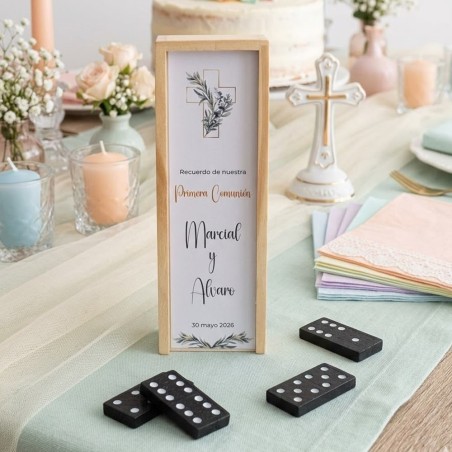 Dominó de Madera "Cruz de Comunión & Hojas" | Detalle Personalizado Único