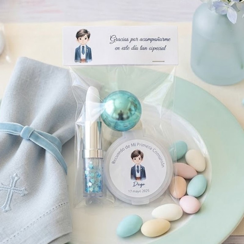 Pack Comunión Niño Personalizado: Espejo + Bálsamo Bola + Bolígrafo Purpurina