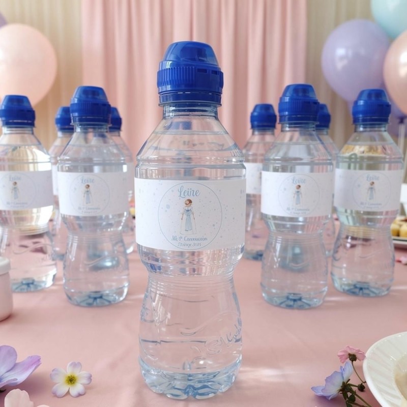 Etiqueta Personalizada para Botella de Agua | Comunión Niña Lazo Azul