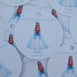Etiqueta Redonda Comunión Niña Lazo Azul | Pegatina Personalizada