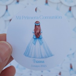 Etiqueta Redonda Comunión Niña Lazo Azul | Pegatina Personalizada