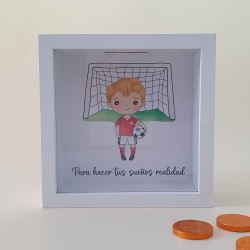 Hucha de Madera Blanca Fútbol Niño Rubio | Regalos Infantiles