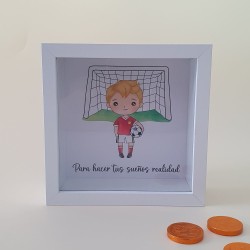 Hucha de Madera Blanca Fútbol Niño Rubio | Regalos Infantiles
