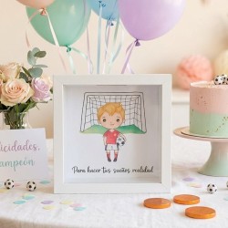 Hucha de Madera Blanca Fútbol Niño Rubio | Regalos Infantiles