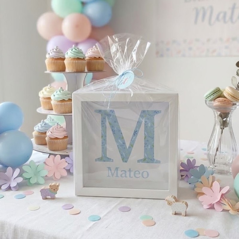Hucha de Madera Blanca Inicial Hojas Azules | Regalos Personalizados