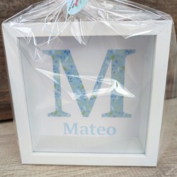 Hucha de Madera Blanca Inicial Hojas Azules | Regalos Personalizados
