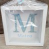 Hucha de Madera Blanca Inicial Hojas Azules | Regalos Personalizados