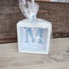 Hucha de Madera Blanca Inicial Hojas Azules | Regalos Personalizados
