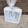Hucha de Madera Blanca Inicial Hojas Azules | Regalos Personalizados