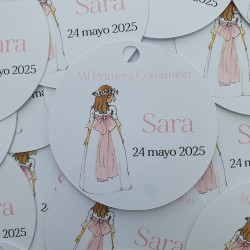 Etiqueta Comunión Niña Cuerpo Entero Lazo Rosa | Pegatina Personalizada