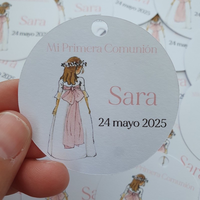 Etiqueta Comunión Niña Cuerpo Entero Lazo Rosa | Pegatina Personalizada