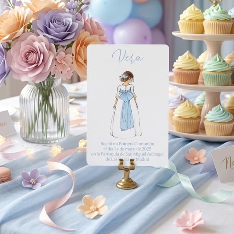 Recordatorio Sencillo Comunión Niña Lazo Celeste | Papelería Elegante