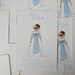 Recordatorio Sencillo Comunión Niña Lazo Celeste | Papelería Elegante