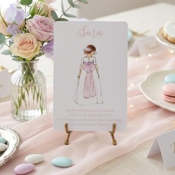 Recordatorio Sencillo Comunión Niña Lazo Rosa | Papelería Elegante