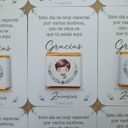 Tarjeta de Agradecimiento con Chocolatina Napolitana Niño Comunión