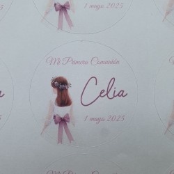 Pegatina Redonda Niña Comunión Lazo Buganvilla | Adhesivo Personalizado