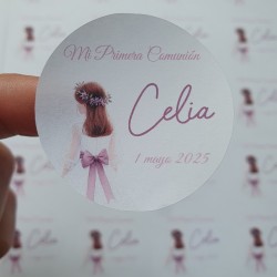 Pegatina Redonda Niña Comunión Lazo Buganvilla | Adhesivo Personalizado