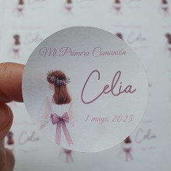 Pegatina Redonda Niña Comunión Lazo Buganvilla | Adhesivo Personalizado