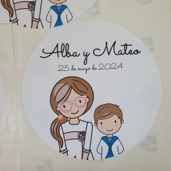Pegatina Redonda Niño y Niña | Adhesivo Personalizado Eventos Dobles