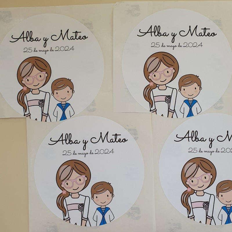 Pegatina Redonda Niño y Niña | Adhesivo Personalizado Eventos Dobles