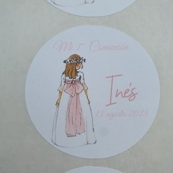 Pegatina Redonda Niña Cuerpo Entero Lazo Rosa | Personalizada