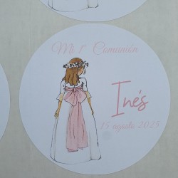 Pegatina Redonda Niña Cuerpo Entero Lazo Rosa | Personalizada