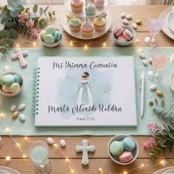 Libro de Firmas Comunión Niña: Diseño Lazo Verde Agua | Recuerdo Elegante