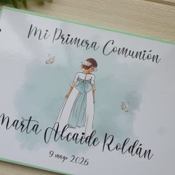 Libro de Firmas Comunión Niña: Diseño Lazo Verde Agua | Recuerdo Elegante