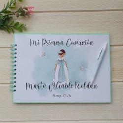 Libro de Firmas Comunión Niña: Diseño Lazo Verde Agua | Recuerdo Elegante
