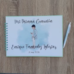 Libro de Firmas Comunión Niño: Diseño Verde Agua | Recuerdo Elegante