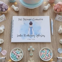 Libro de Firmas Comunión Niña: Diseño Lazo Celeste | Recuerdo Sofisticado