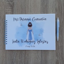 Libro de Firmas Comunión Niña: Diseño Lazo Celeste | Recuerdo Sofisticado