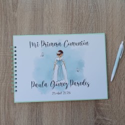 Libro de Firmas Comunión Niña: Diseño Lazo Verde Agua | Recuerdo Elegante