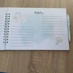 Libro de Firmas Comunión: Diseño Niña Sentada y Tonos Verde Agua | Kalukuqui