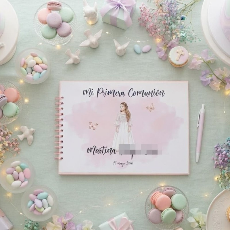 Libro de Firmas Comunión: Personalizado con Foto y Diseño Rosa | Kalukuqui