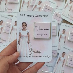 Tarjeta de Agradecimiento con Napolitana: Detalle Comunión Niña en Rosa | Kalukuqui