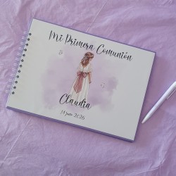 Libro de Firmas Comunión Malva: Personalizado con Foto y Flores | Kalukuqui