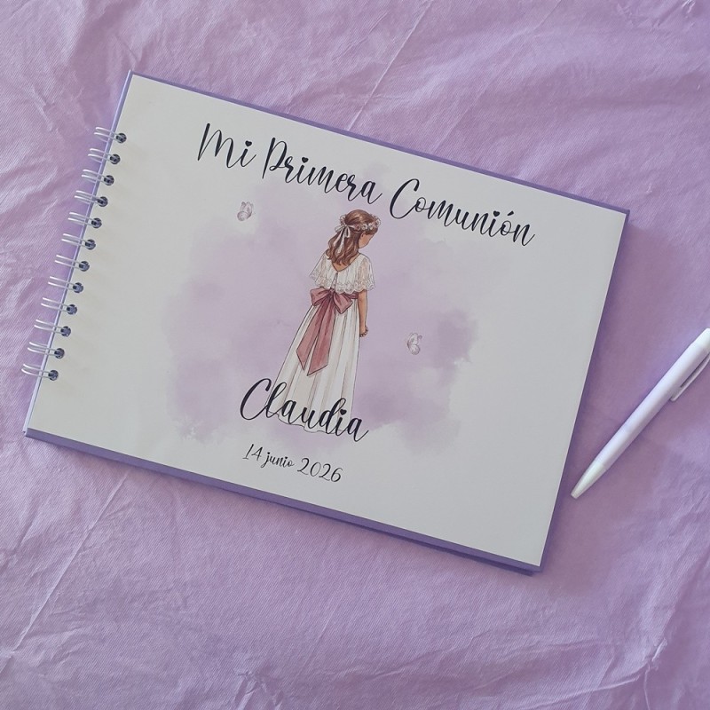 Libro de Firmas Comunión Malva: Personalizado con Foto y Flores | Kalukuqui