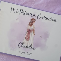 Libro de Firmas Comunión Malva: Personalizado con Foto y Flores | Kalukuqui