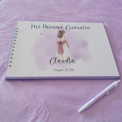 Libro de Firmas Comunión Malva: Personalizado con Foto y Flores | Kalukuqui