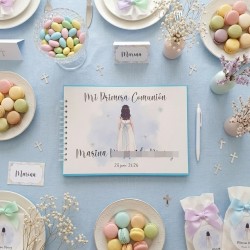 Libro de Firmas Comunión: Diseño Floral con Lazo Celeste | Kalukuqui