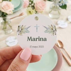 Etiqueta Religiosa Cruz Verde | Pegatina Personalizada Bautizo y Comunión