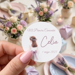 Pegatina Redonda Niña Comunión Lazo Buganvilla | Adhesivo Personalizado