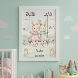 Lámina de natalicio para gemelas con ilustración de conejitos.
