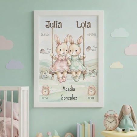 Lámina de natalicio para gemelas con ilustración de conejitos.