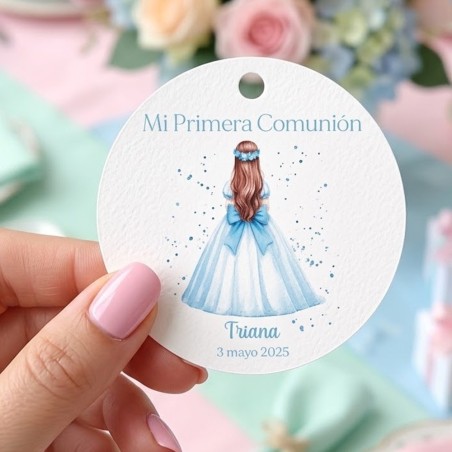 Etiqueta Redonda Comunión Niña Lazo Azul | Pegatina Personalizada