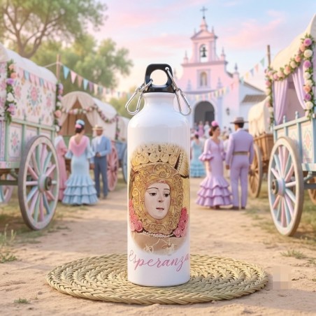 Botella personalizada con ilustración de la Virgen del Rocío.