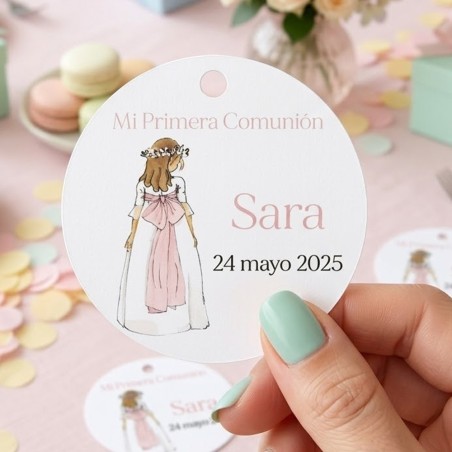 Etiqueta Comunión Niña Cuerpo Entero Lazo Rosa | Pegatina Personalizada