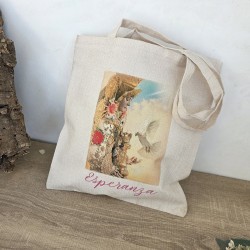 Tote bag de diseño exclusivo en tonos pastel suaves.